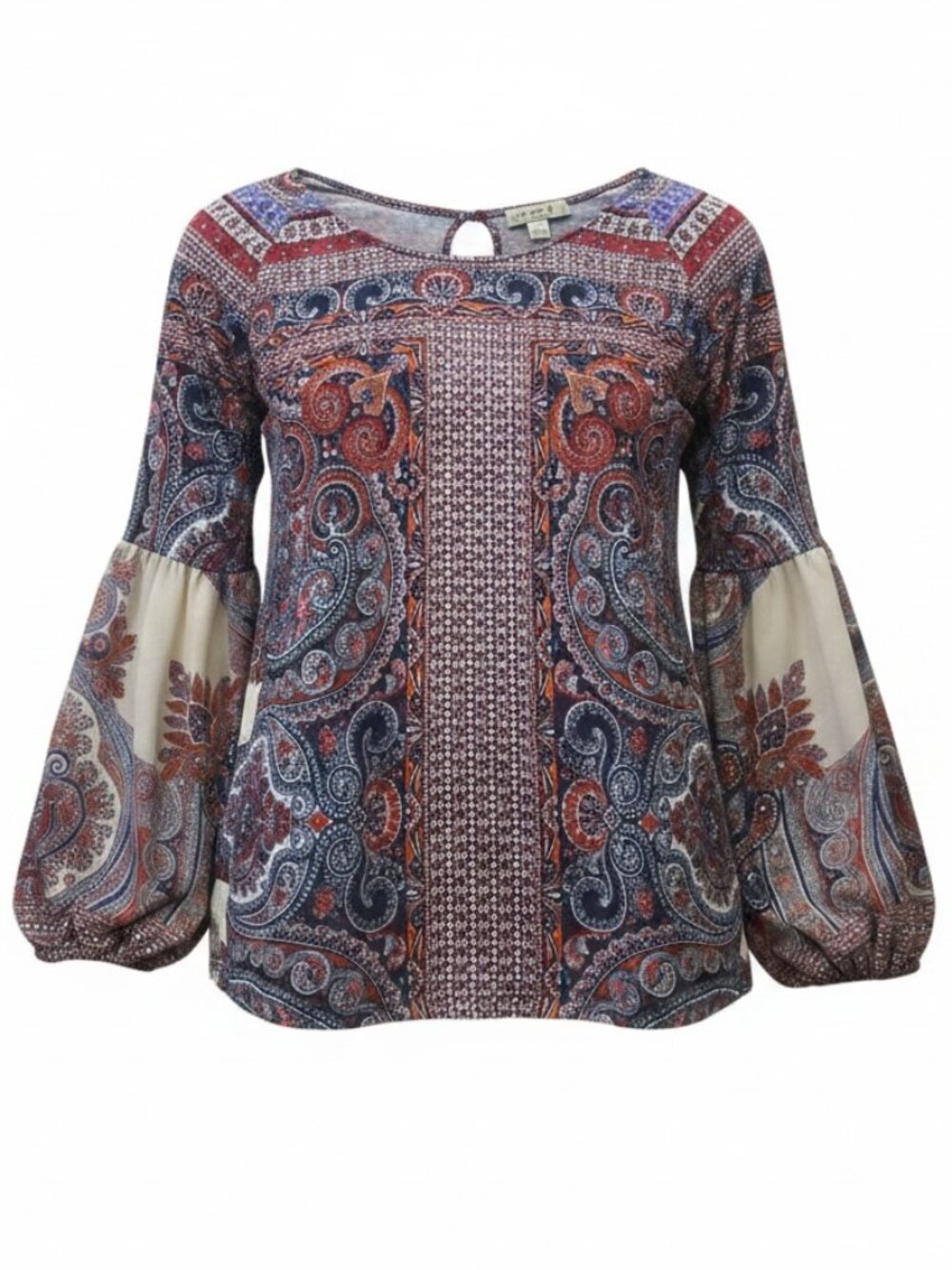 One World BOHO Persian Paisley Long Bishop-Sleeve Top L #171D